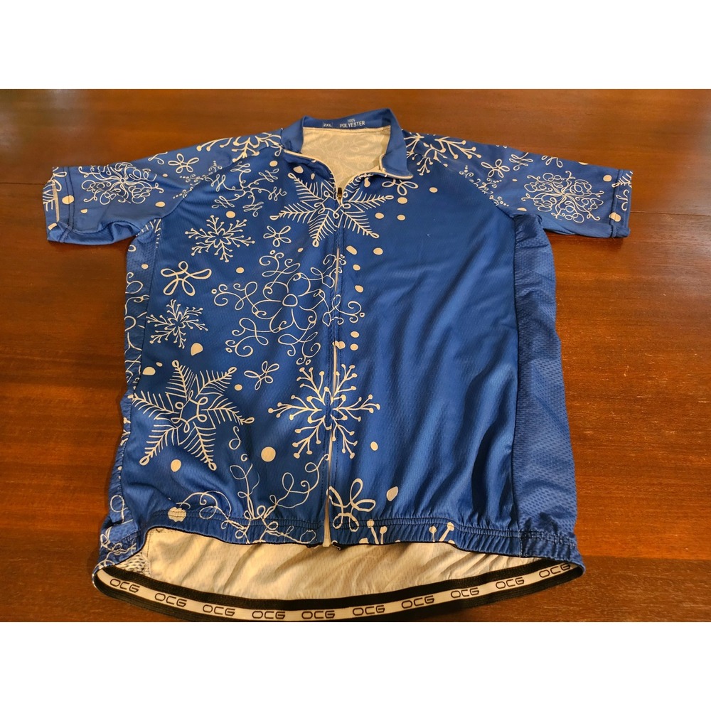 OCG Cycling Jersey Mens 2XL Blue Snowflake Full Zip Short Sleeve Bike Shirt